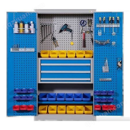 蓝色带挂网四层重型工具柜车间工具储存柜五金